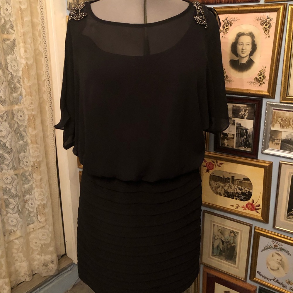 R M Collection Black Embellished Shoulder Blouson Dress - Women READ S 12